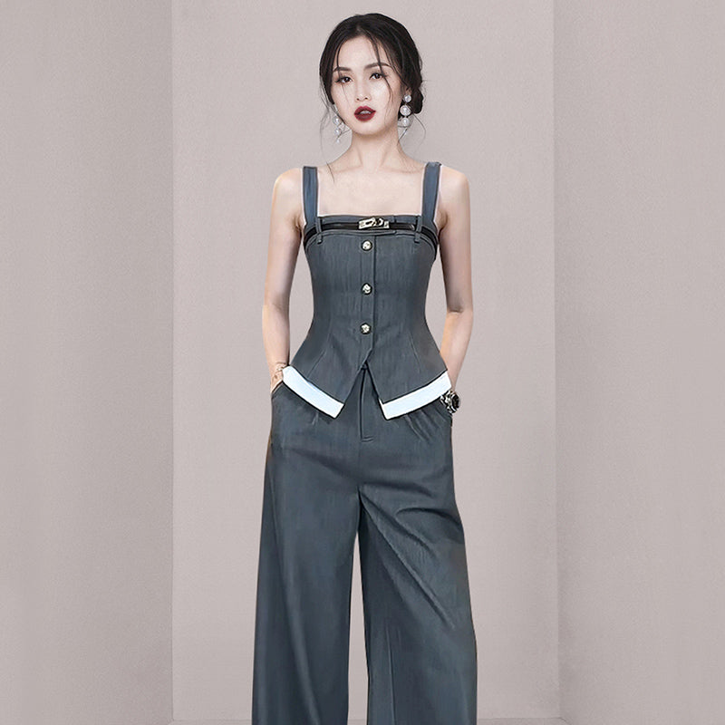 CM-SY015437 Women Elegant European Style Square Neck Sleeveless Sling Top With Wide Leg Pants Suit