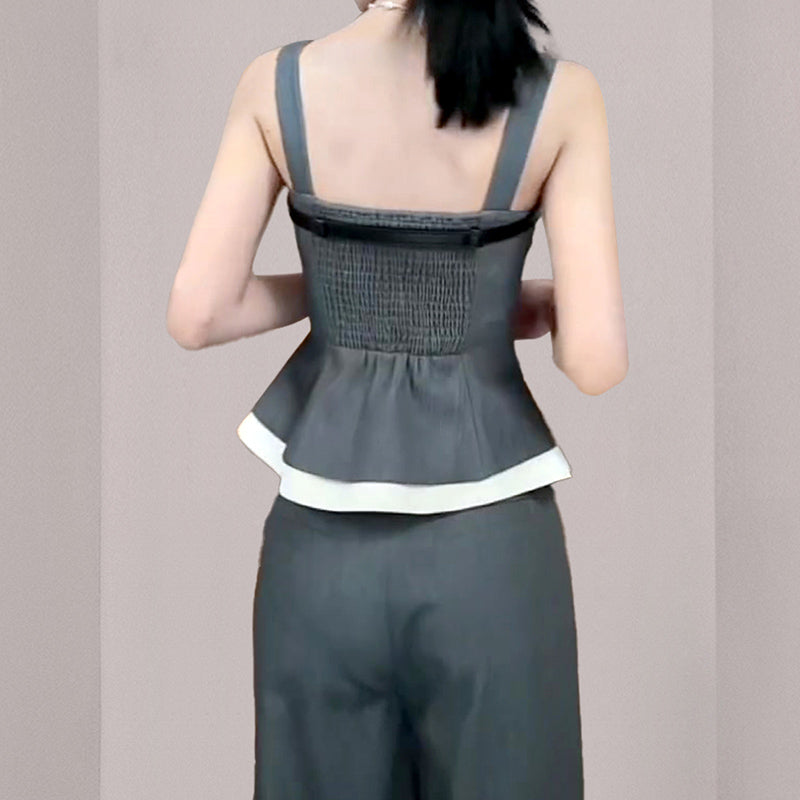 CM-SY015437 Women Elegant European Style Square Neck Sleeveless Sling Top With Wide Leg Pants Suit