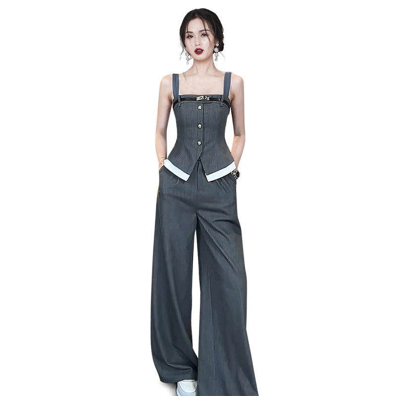 CM-SY015437 Women Elegant European Style Square Neck Sleeveless Sling Top With Wide Leg Pants Suit