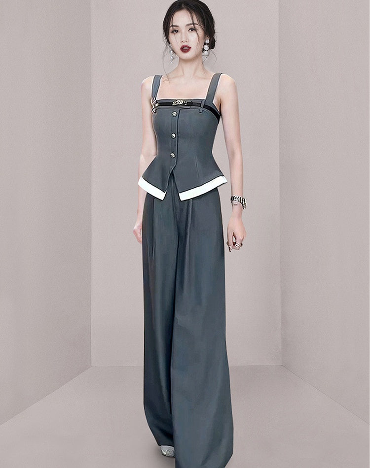 CM-SY015437 Women Elegant European Style Square Neck Sleeveless Sling Top With Wide Leg Pants Suit