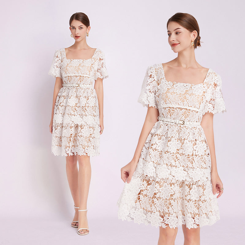 CM-DY015439 Women Elegant European Style Square Collar Short Sleeve Mini Lace Dress - White