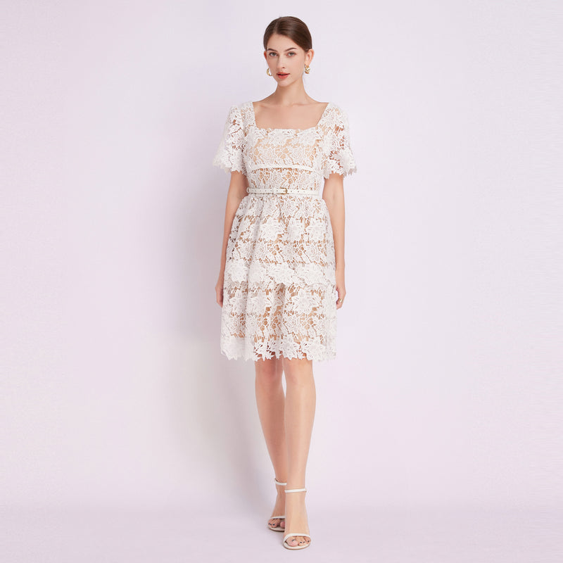 CM-DY015439 Women Elegant European Style Square Collar Short Sleeve Mini Lace Dress - White