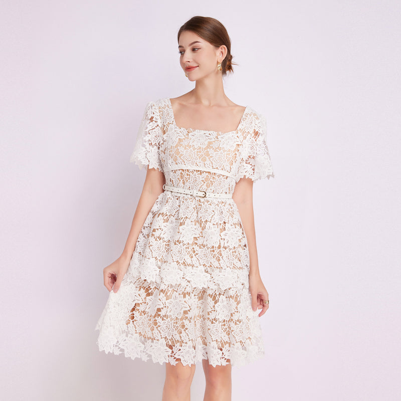 CM-DY015439 Women Elegant European Style Square Collar Short Sleeve Mini Lace Dress - White