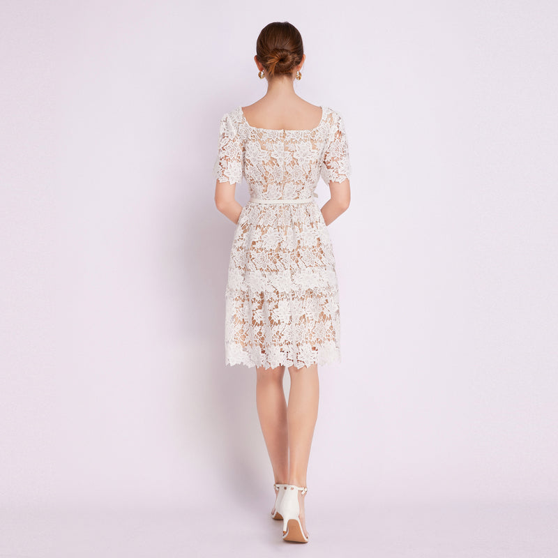CM-DY015439 Women Elegant European Style Square Collar Short Sleeve Mini Lace Dress - White