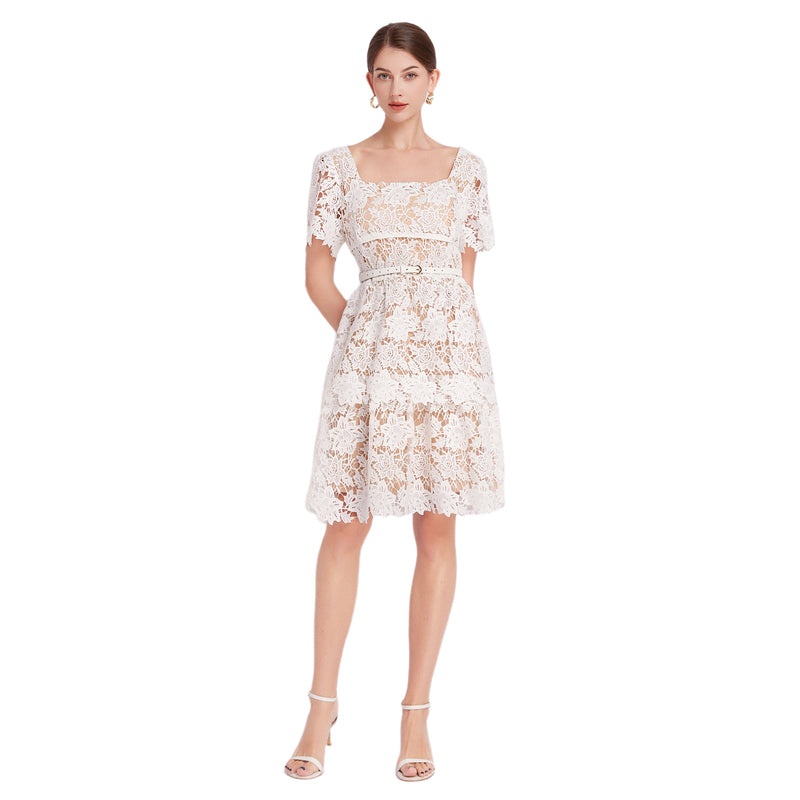 CM-DY015439 Women Elegant European Style Square Collar Short Sleeve Mini Lace Dress - White