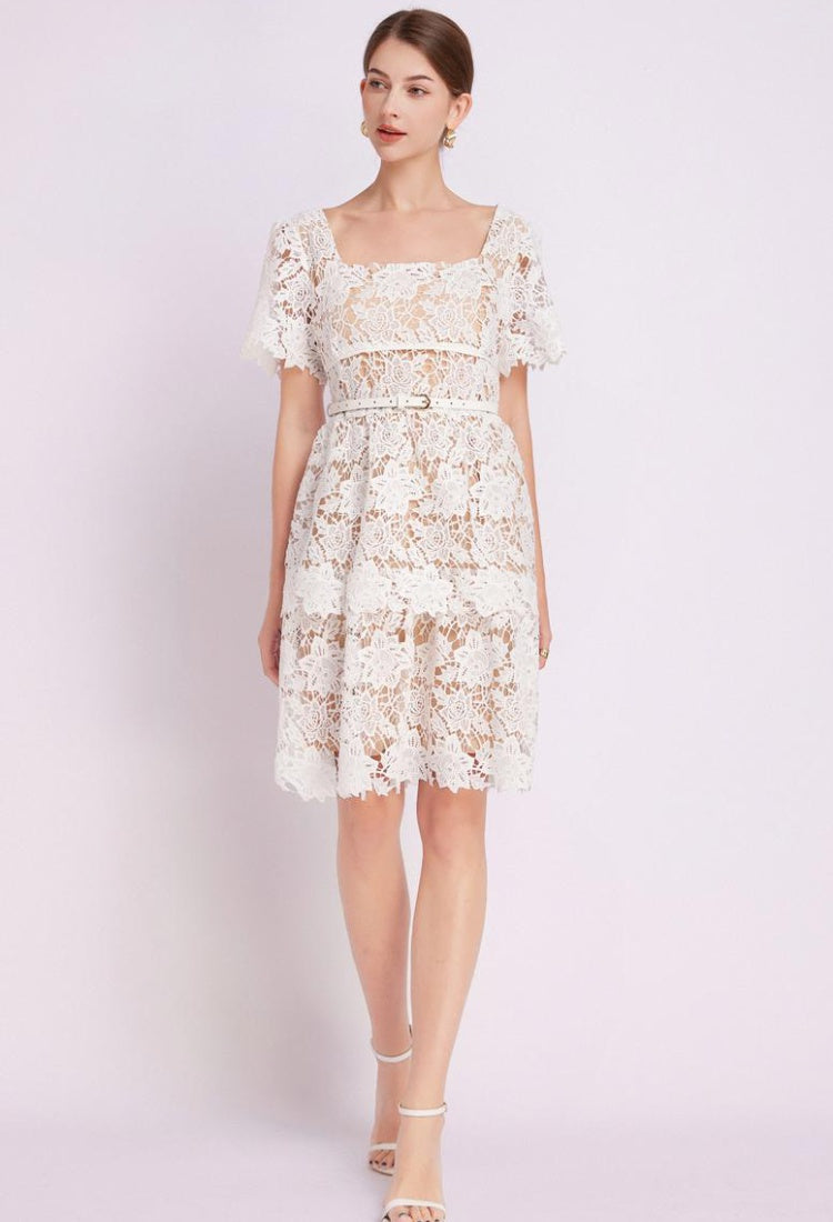 CM-DY015439 Women Elegant European Style Square Collar Short Sleeve Mini Lace Dress - White