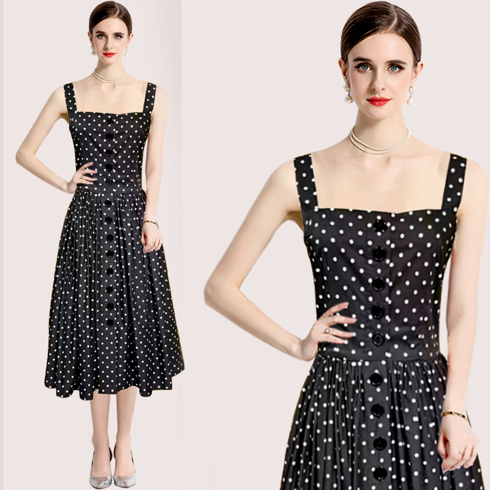 CM-DY015441 Women Elegant European Style Square Neck Sleeveless Polka Dot Slim A-Line Dress