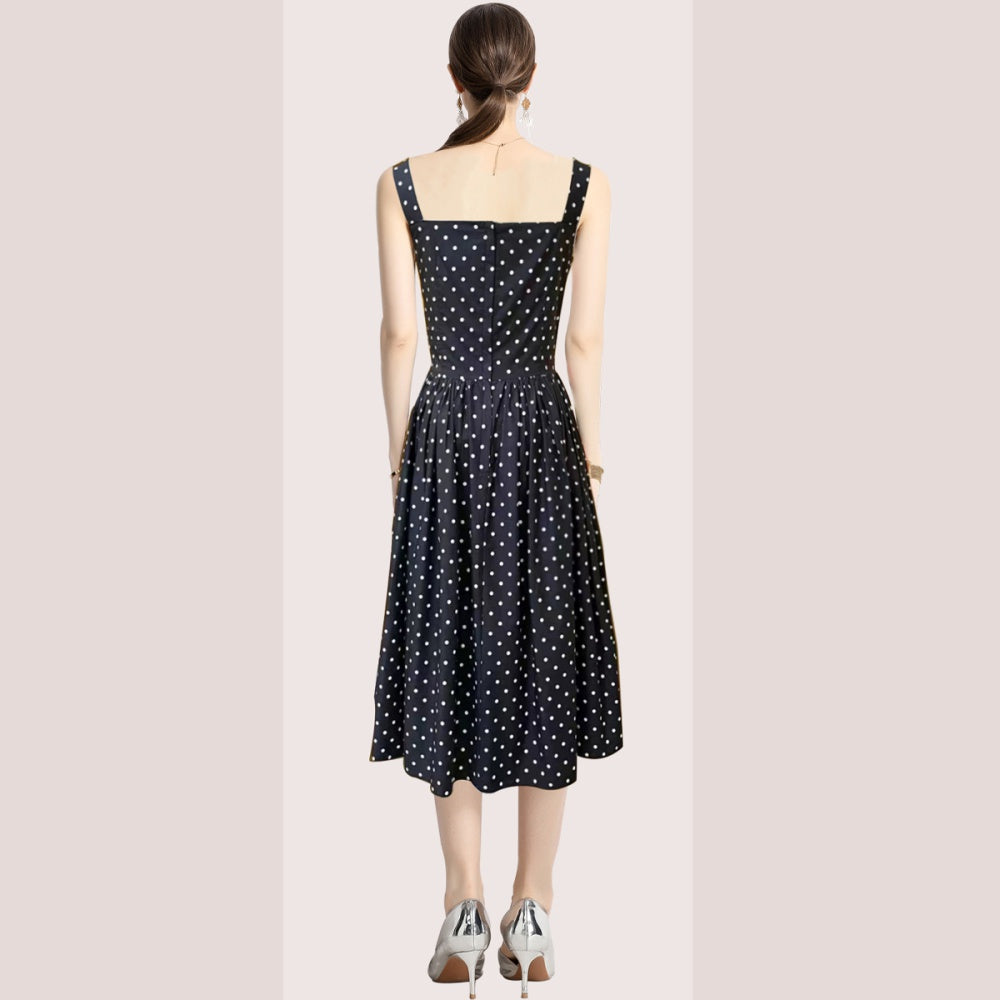CM-DY015441 Women Elegant European Style Square Neck Sleeveless Polka Dot Slim A-Line Dress