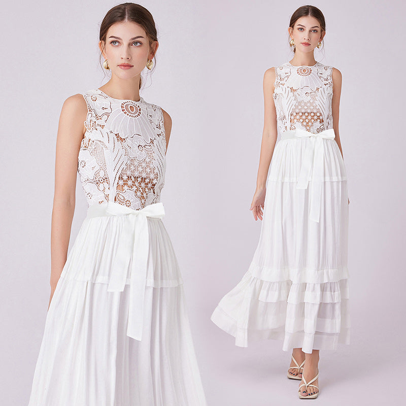 CM-DY015485 Women Elegant European Style Round Neck Sleeveless Hollow Lace Dress - White