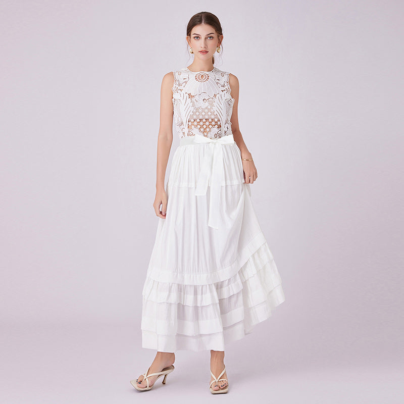 CM-DY015485 Women Elegant European Style Round Neck Sleeveless Hollow Lace Dress - White