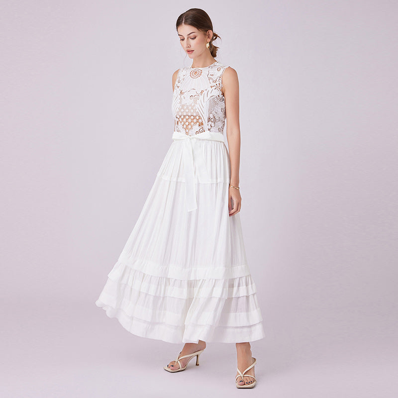 CM-DY015485 Women Elegant European Style Round Neck Sleeveless Hollow Lace Dress - White