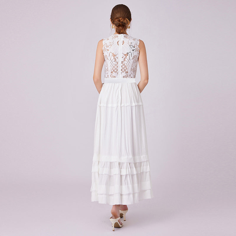 CM-DY015485 Women Elegant European Style Round Neck Sleeveless Hollow Lace Dress - White