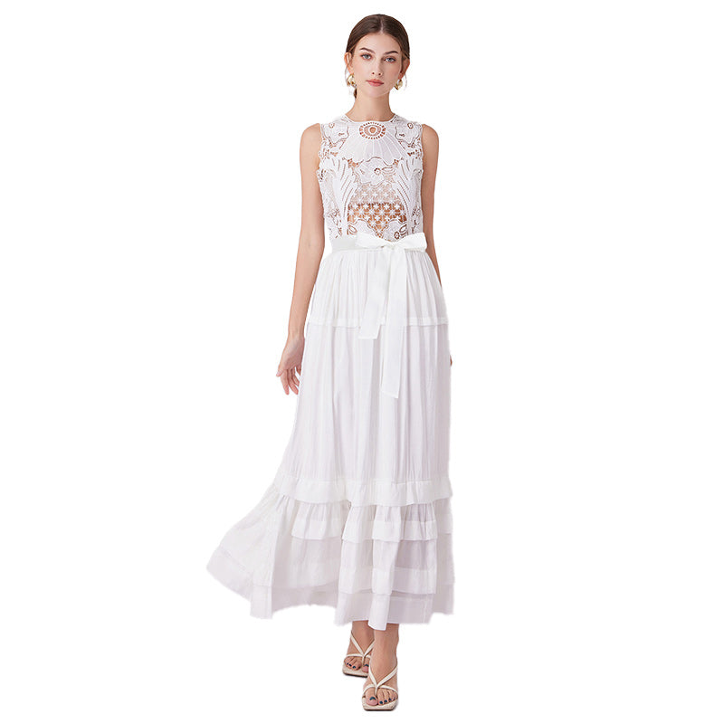 CM-DY015485 Women Elegant European Style Round Neck Sleeveless Hollow Lace Dress - White