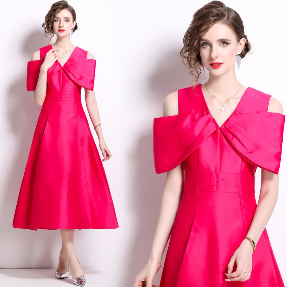 CM-DY015731 Women Elegant European Style Big Bow High Waist Midi Dress - Rose Red
