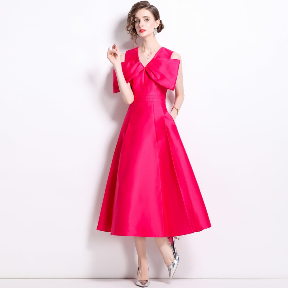 CM-DY015731 Women Elegant European Style Big Bow High Waist Midi Dress - Rose Red