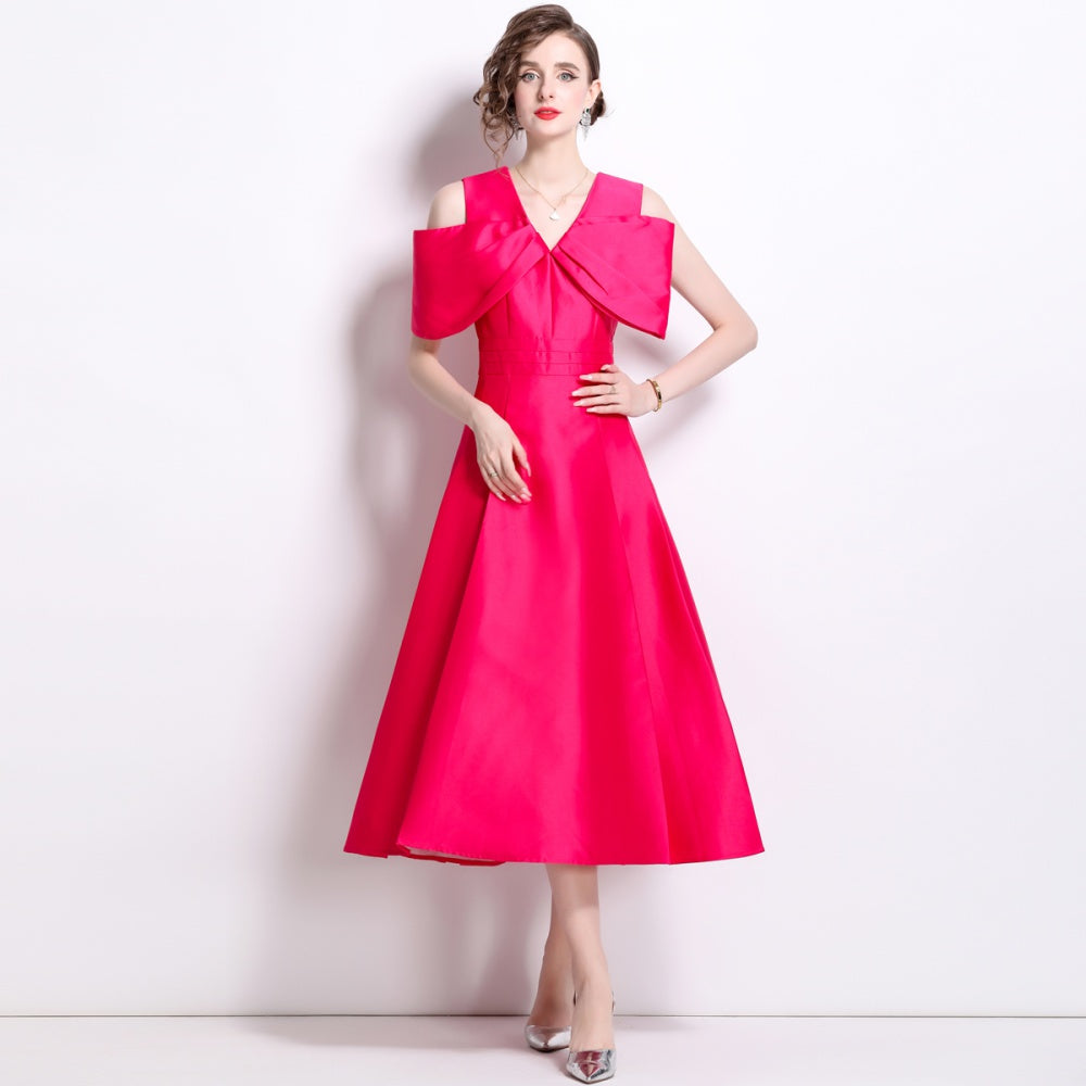 CM-DY015731 Women Elegant European Style Big Bow High Waist Midi Dress - Rose Red