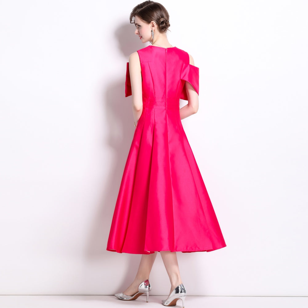 CM-DY015731 Women Elegant European Style Big Bow High Waist Midi Dress - Rose Red