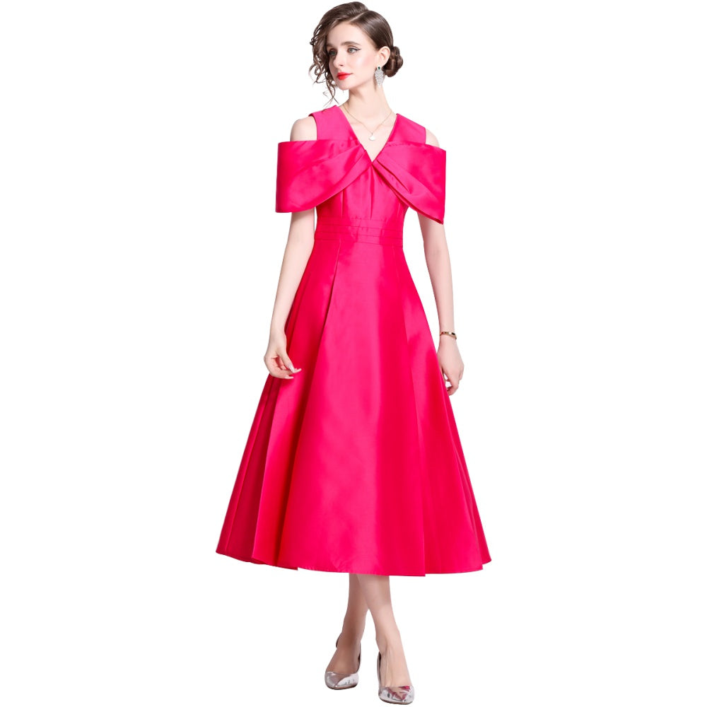 CM-DY015731 Women Elegant European Style Big Bow High Waist Midi Dress - Rose Red