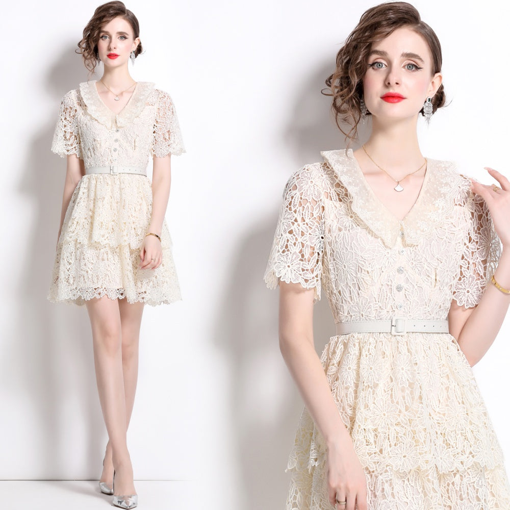 CM-DY015735 Women Elegant European Style V-Neck Lace Short Sleeve Mini Dress - Apricot