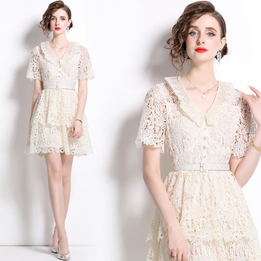CM-DY015735 Women Elegant European Style V-Neck Lace Short Sleeve Mini Dress - Apricot