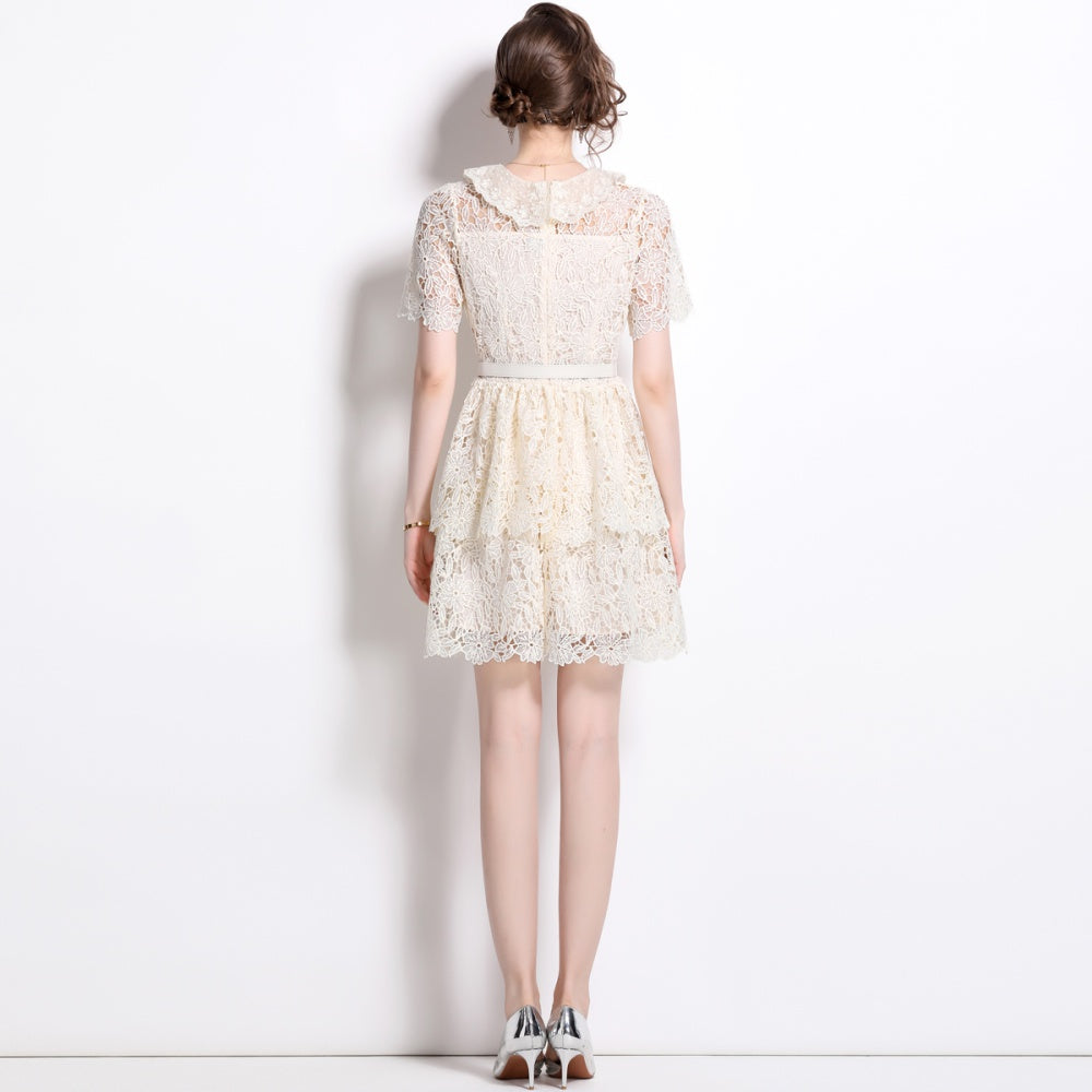 CM-DY015735 Women Elegant European Style V-Neck Lace Short Sleeve Mini Dress - Apricot