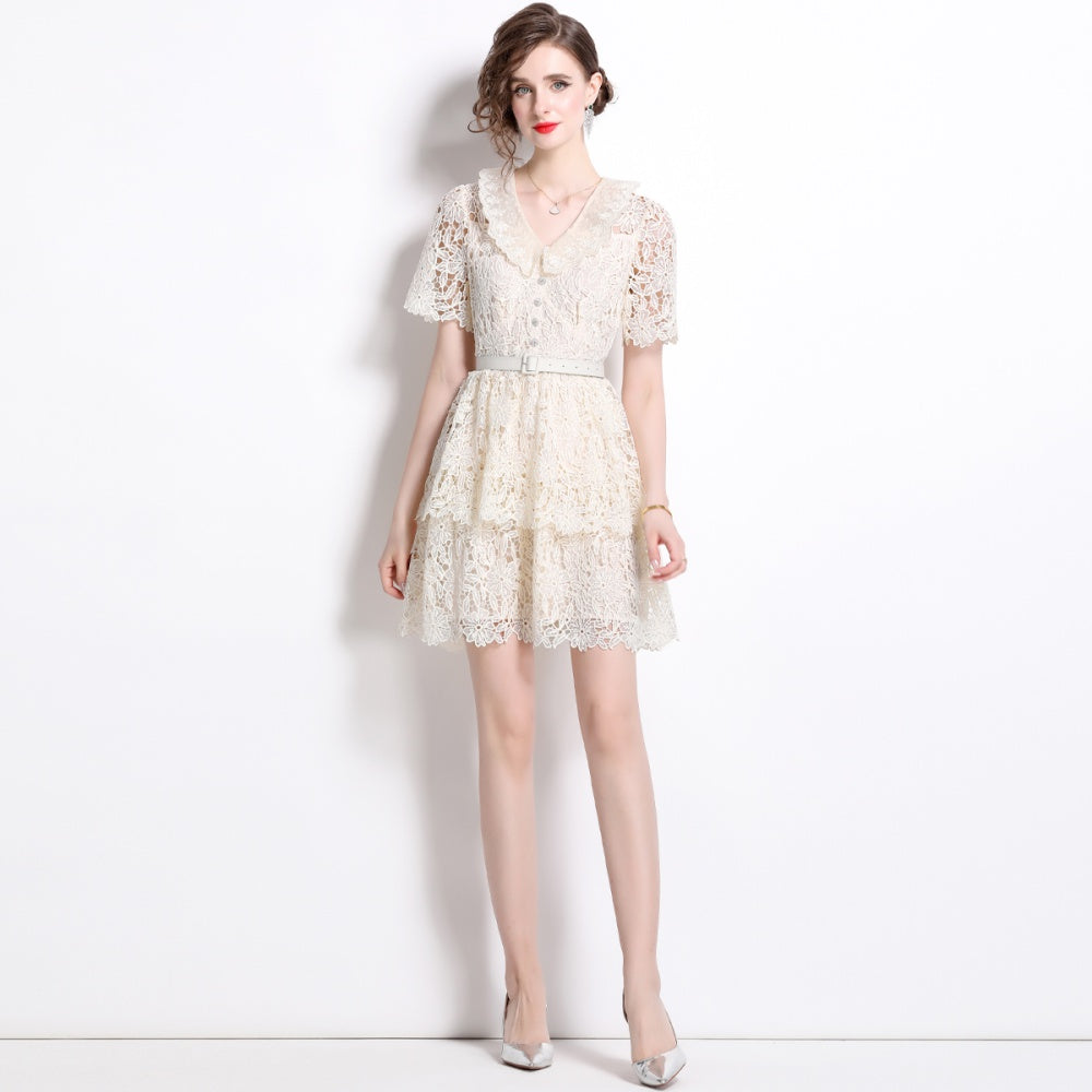 CM-DY015735 Women Elegant European Style V-Neck Lace Short Sleeve Mini Dress - Apricot