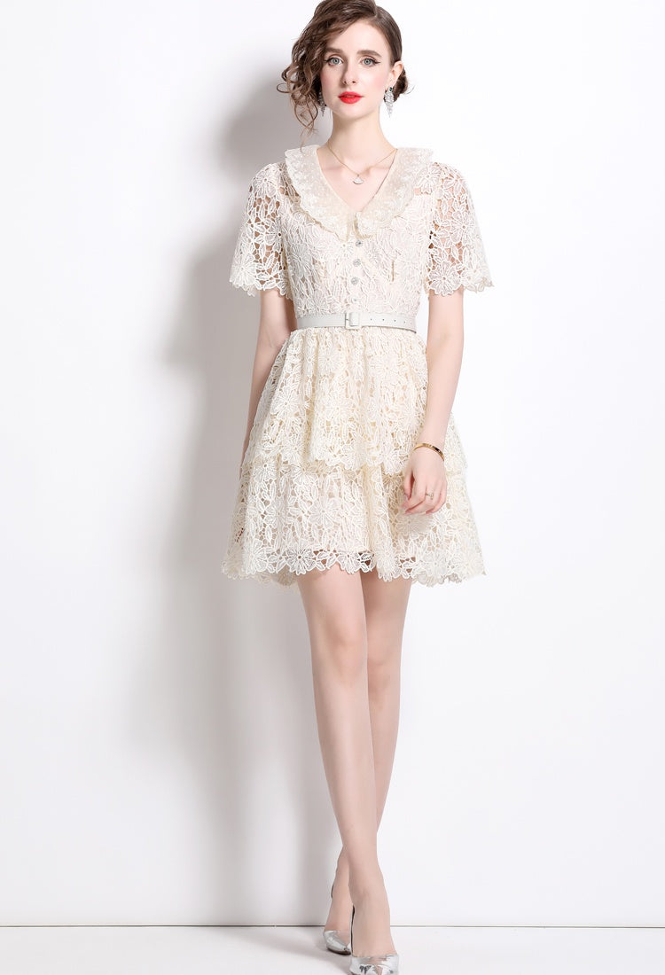 CM-DY015735 Women Elegant European Style V-Neck Lace Short Sleeve Mini Dress - Apricot
