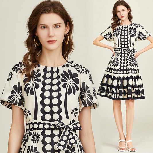CM-DY015744 Women Elegant Seoul Style Round Neck Lantern Sleeve Pinched Waist Dress