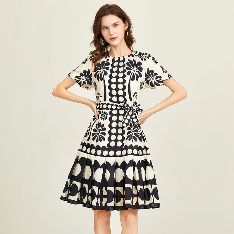 CM-DY015744 Women Elegant Seoul Style Round Neck Lantern Sleeve Pinched Waist Dress