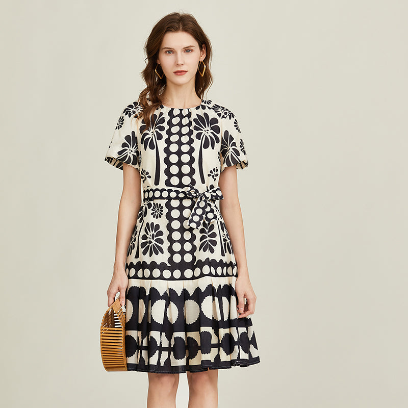 CM-DY015744 Women Elegant Seoul Style Round Neck Lantern Sleeve Pinched Waist Dress