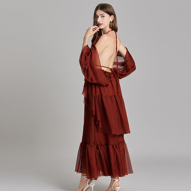 CM-DY015746 Women Trendy Bohemian Style V-Neck Off the Shouder Tie Neck Maxi Dress - Brown