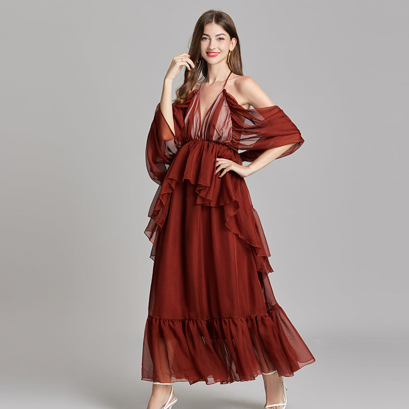 CM-DY015746 Women Trendy Bohemian Style V-Neck Off the Shouder Tie Neck Maxi Dress - Brown