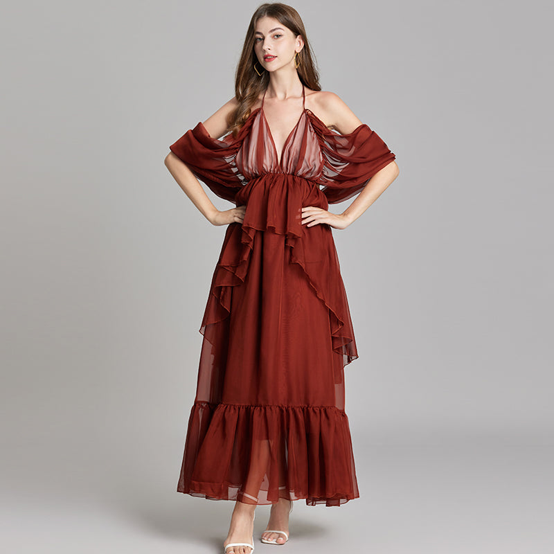 CM-DY015746 Women Trendy Bohemian Style V-Neck Off the Shouder Tie Neck Maxi Dress - Brown