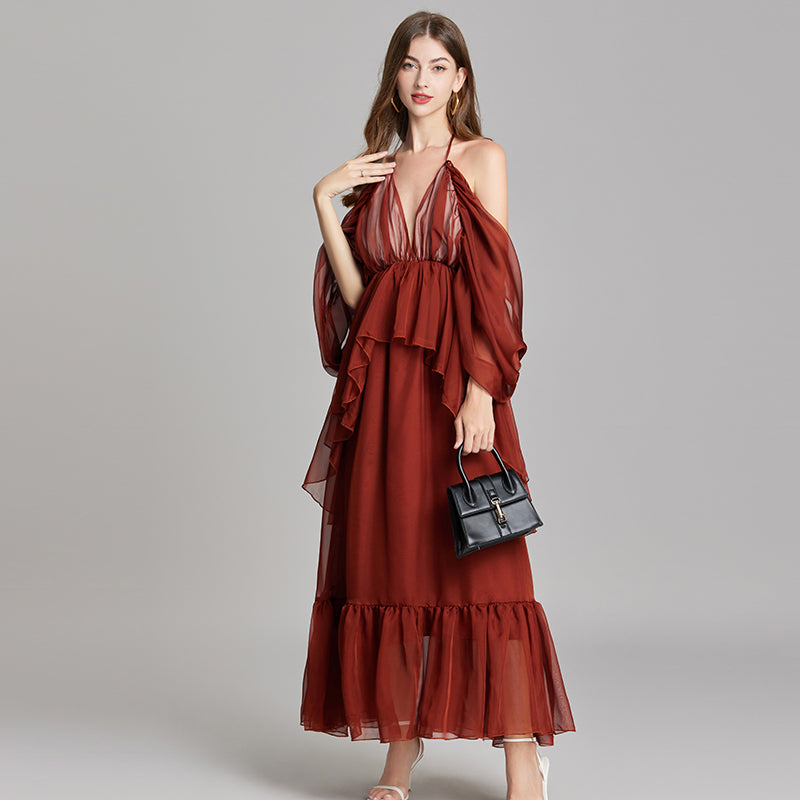 CM-DY015746 Women Trendy Bohemian Style V-Neck Off the Shouder Tie Neck Maxi Dress - Brown