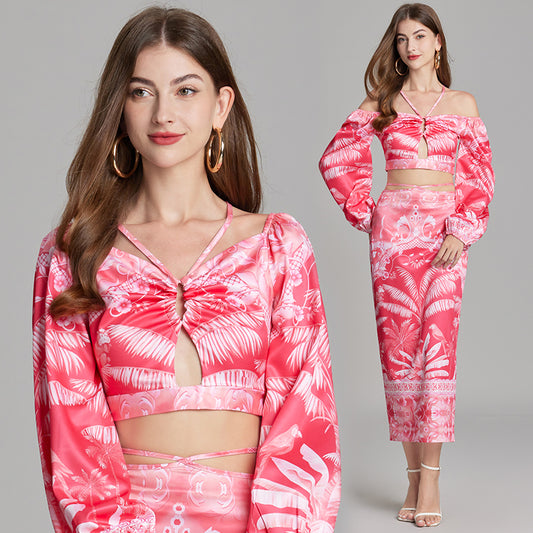 CM-SY015748 Women Trendy Bohemian Style Halter Neckline Long Sleeve Cropped Top With High Waist Skirt - Set
