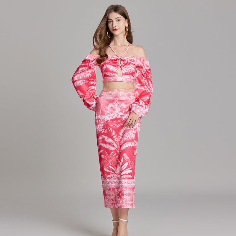 CM-SY015748 Women Trendy Bohemian Style Halter Neckline Long Sleeve Cropped Top With High Waist Skirt - Set