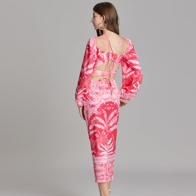 CM-SY015748 Women Trendy Bohemian Style Halter Neckline Long Sleeve Cropped Top With High Waist Skirt - Set