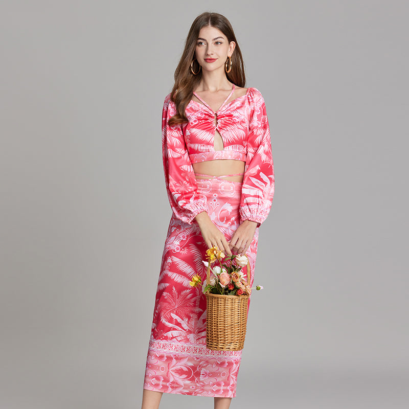 CM-SY015748 Women Trendy Bohemian Style Halter Neckline Long Sleeve Cropped Top With High Waist Skirt - Set