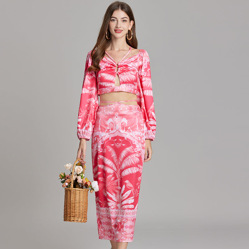 CM-SY015748 Women Trendy Bohemian Style Halter Neckline Long Sleeve Cropped Top With High Waist Skirt - Set