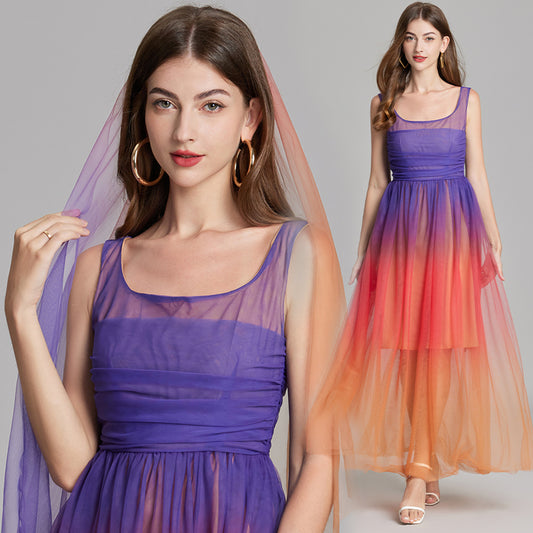 CM-DY015750 Women Elegant European Style Double Gauze Sleeveless High Waist Slim Dress