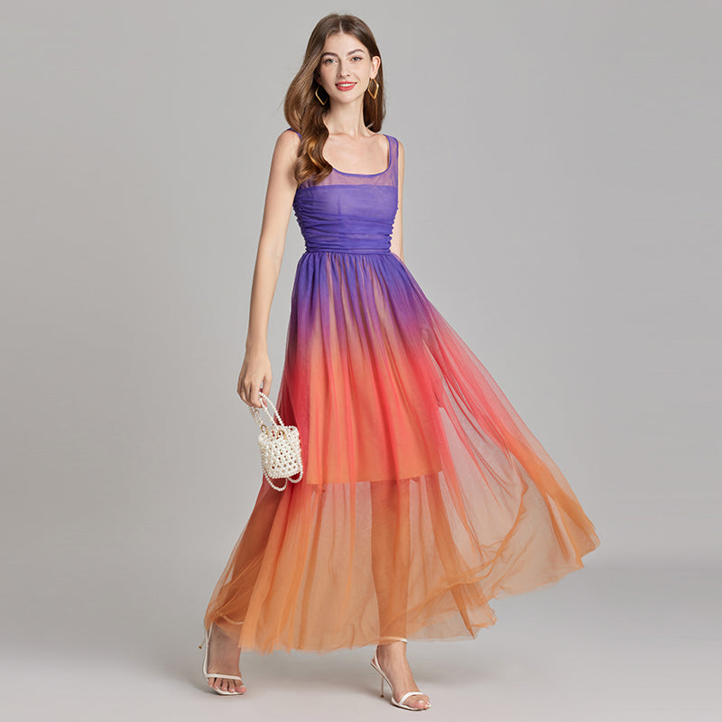 CM-DY015750 Women Elegant European Style Double Gauze Sleeveless High Waist Slim Dress