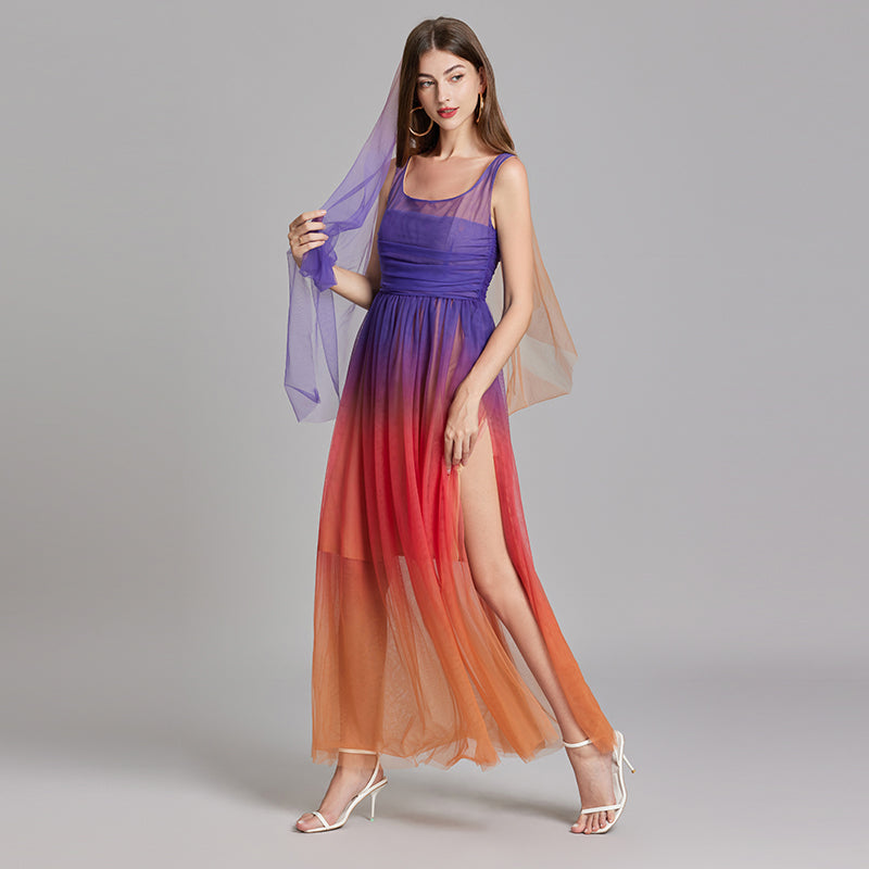 CM-DY015750 Women Elegant European Style Double Gauze Sleeveless High Waist Slim Dress