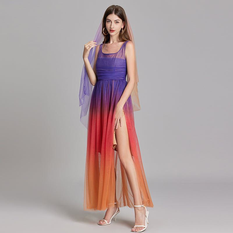 CM-DY015750 Women Elegant European Style Double Gauze Sleeveless High Waist Slim Dress