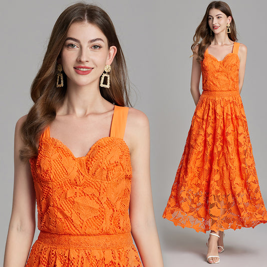 CM-DY015751 Women Elegant European Style V-Neck Sleeveless Lace Dress - Orange