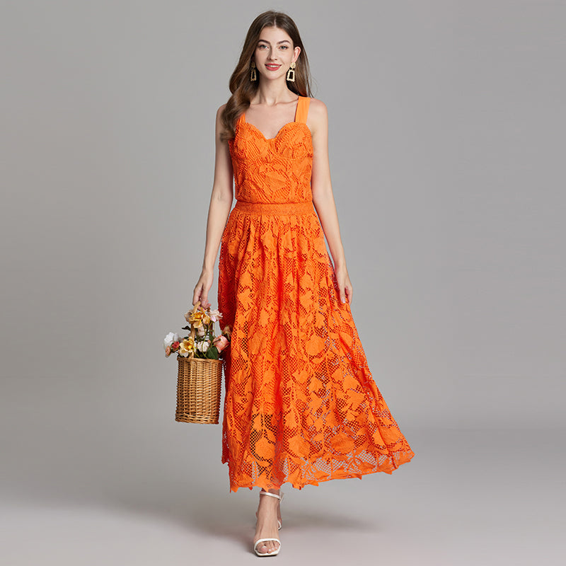 CM-DY015751 Women Elegant European Style V-Neck Sleeveless Lace Dress - Orange