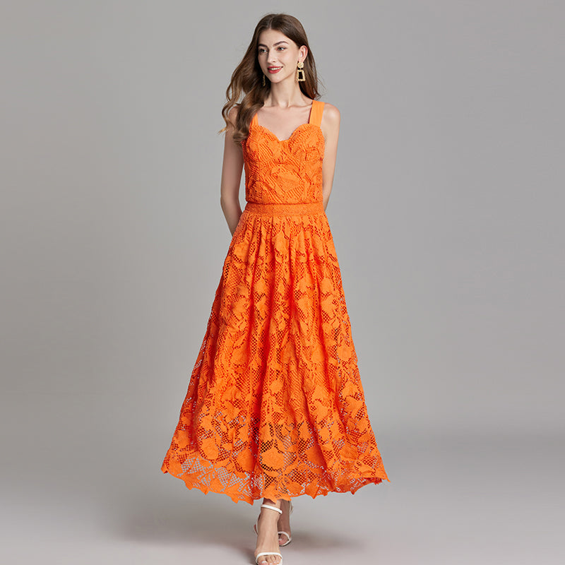 CM-DY015751 Women Elegant European Style V-Neck Sleeveless Lace Dress - Orange