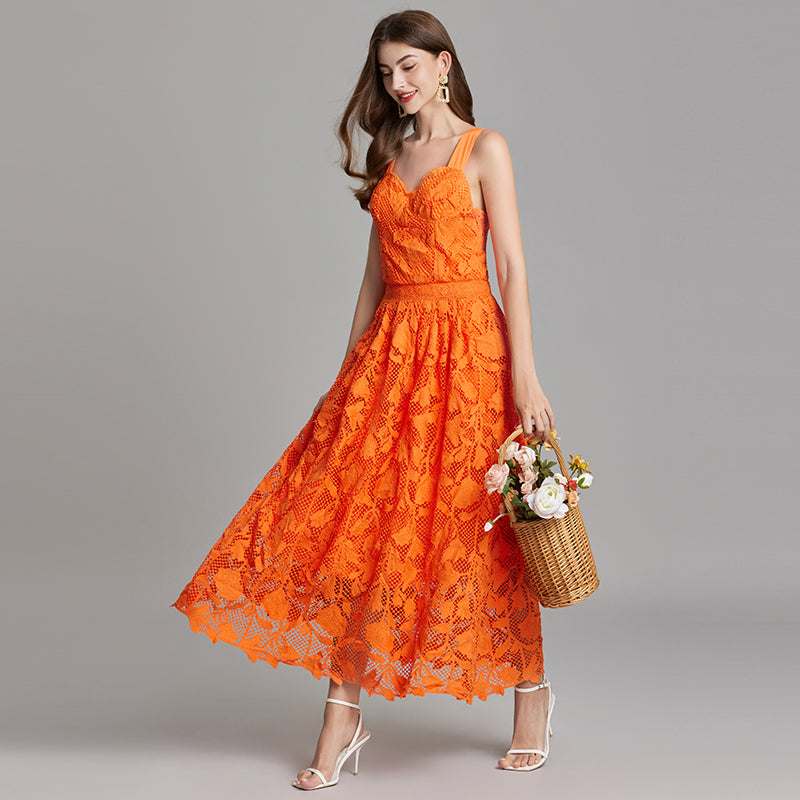 CM-DY015751 Women Elegant European Style V-Neck Sleeveless Lace Dress - Orange