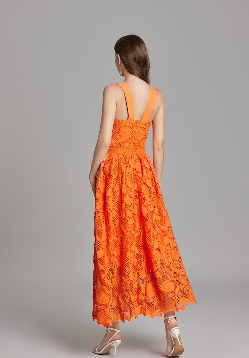CM-DY015751 Women Elegant European Style V-Neck Sleeveless Lace Dress - Orange
