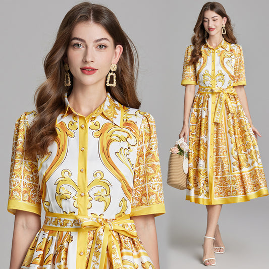 CM-DY015752 Women Casual European Style Short Collar Neckline Sleeve Floral Print A-Line Dress