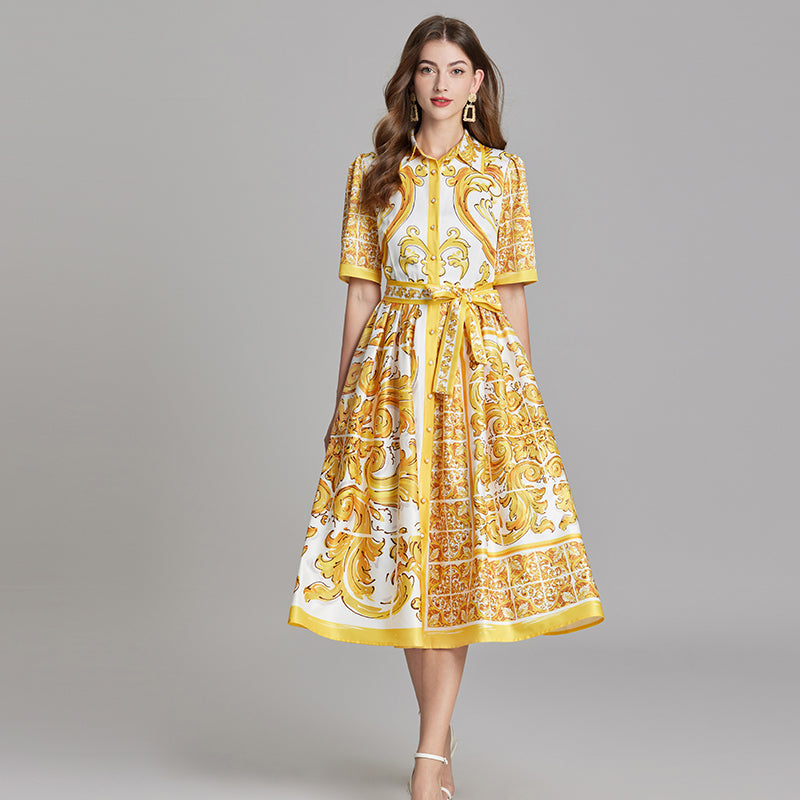 CM-DY015752 Women Casual European Style Short Collar Neckline Sleeve Floral Print A-Line Dress